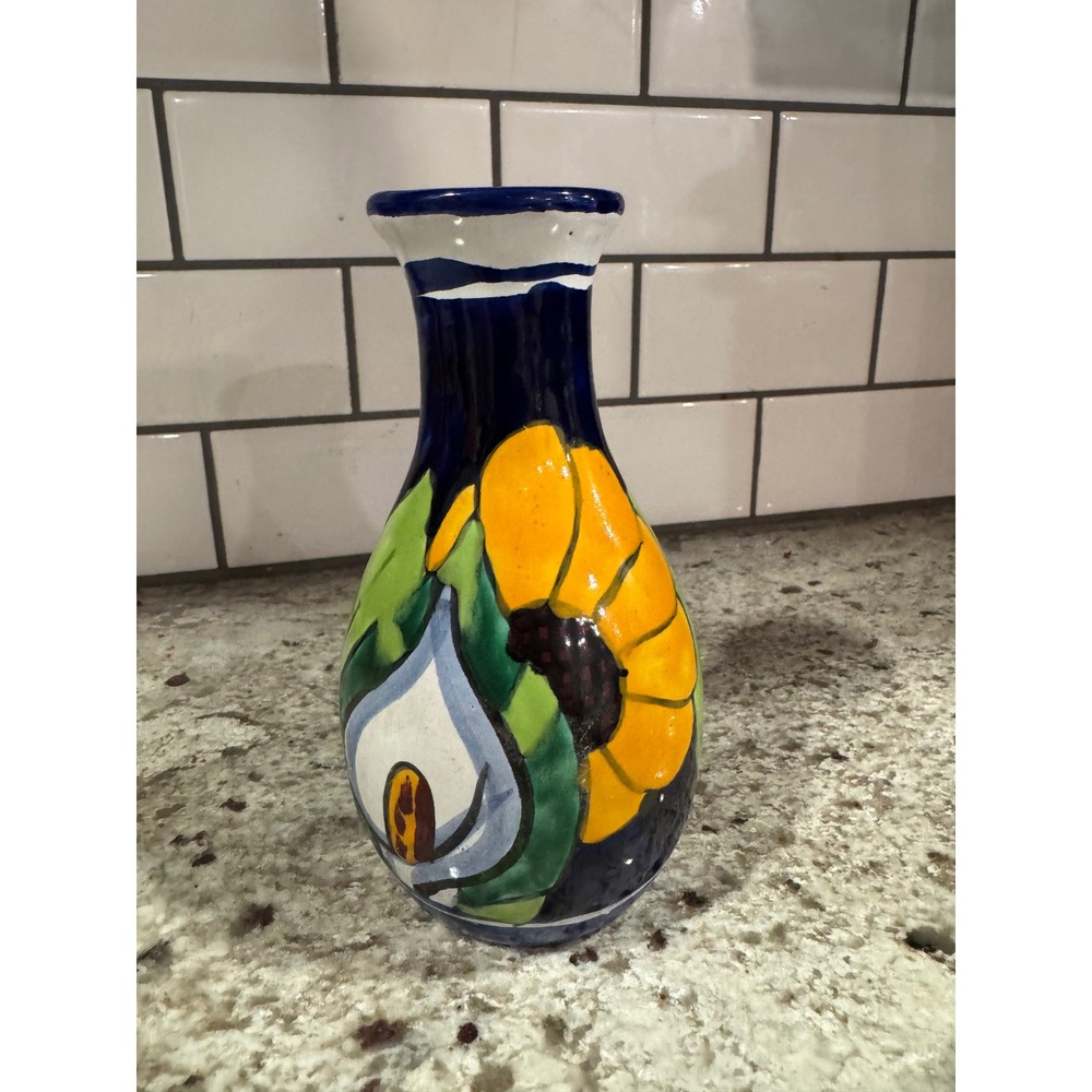 Talavera Hand Painted Mexican Pottery Sunflower Calla Lily Vase 7.5" Cobalt Blue
